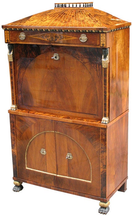 A rare domed Viennese Biedermeier secretaire with spectacularly detailed interior. Walnut and maple on pine. Inlaid with ebony, black walnut and maple. Original pen works depicting umbrella motif, masonry, radial and parquetry motifs, hairlines,