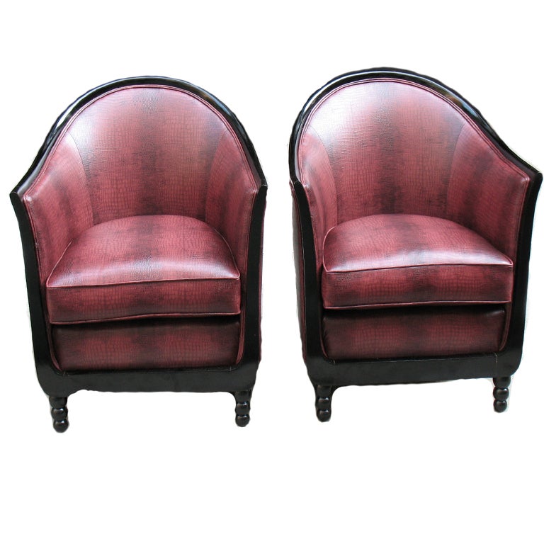 Pair of French Art Deco Barrel Back Bergeres For Sale
