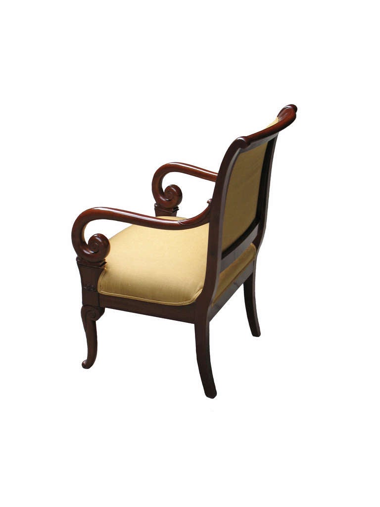 This armchair is exemplary representing the Charles X - Restauration design with down-swept voluted arms over typical shaped front-legs. See pgs. 154,155 Dr. Edith Holm "Stilgeschichte des Sitemoebels..." (Style History of Seating