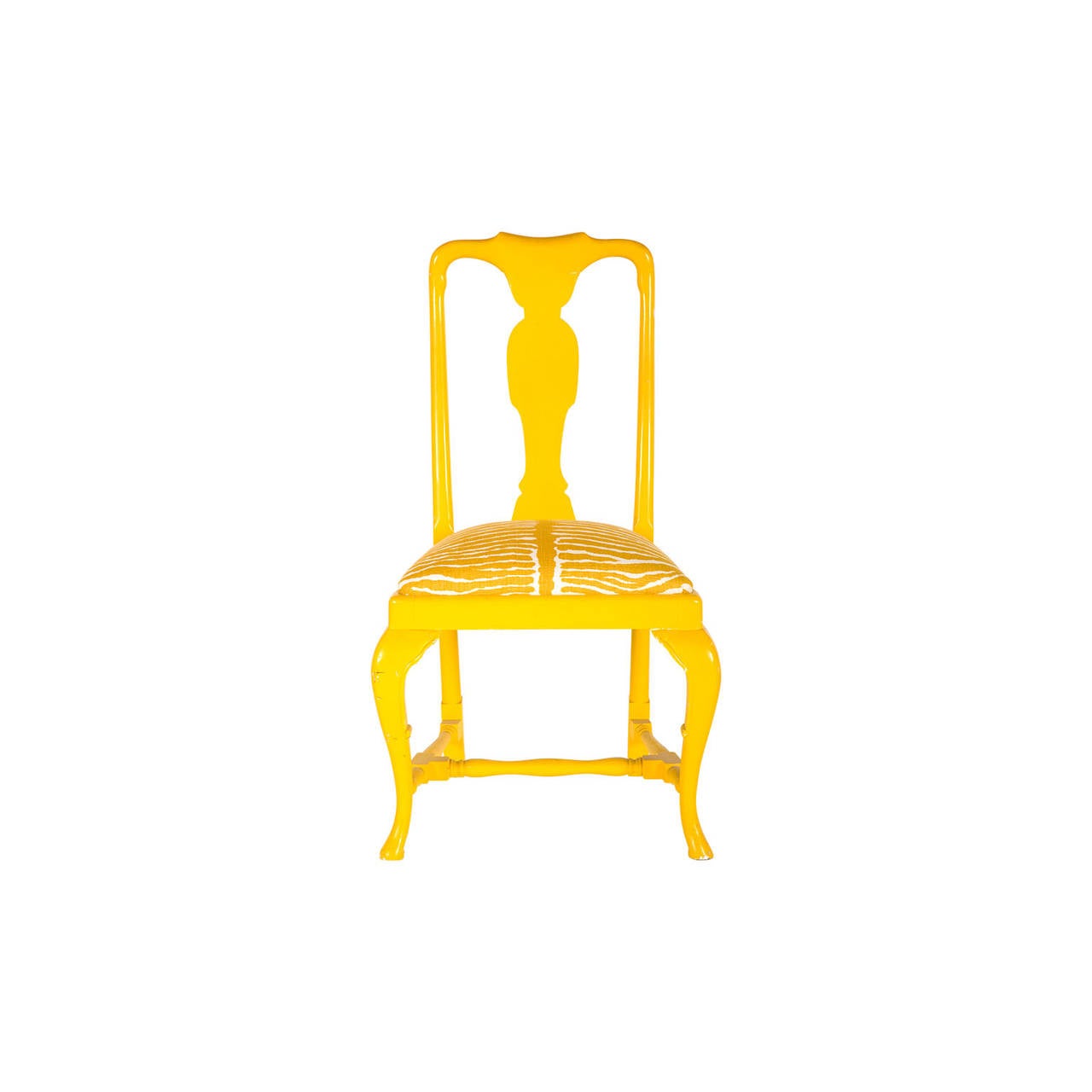 vintage queen anne dining chair. yellow painted finish as found. reupholstered in brunschwig & fils saffron le zebre linen. set of four available (priced individually).