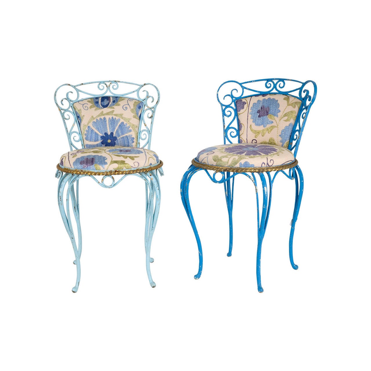 vintage garden chair. weathered painted finish as found. reupholstered in vintage blue suzani. each is unique. pair available (priced individually).