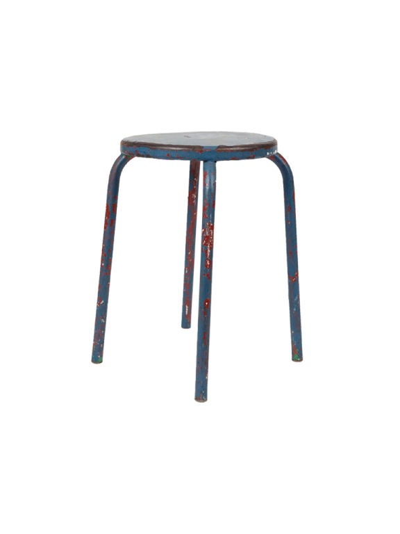 Unique industrial stool with weathered blue paint. Pair available. (Priced individually).