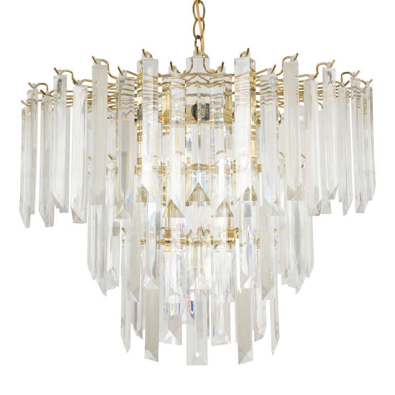 vintage chandelier. brass three tier base. lucite prisms. rewired. includes 6' 6