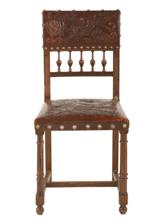 Belgian Antique Embossed Leather Dining Chair