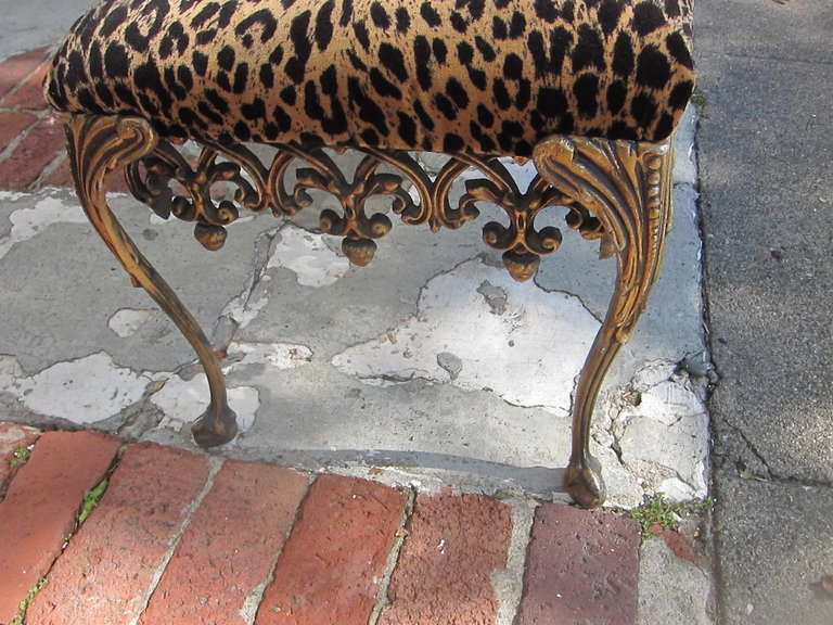Hollywood Regency Elaborate Antiqued Frame Leopard Print Bench 1