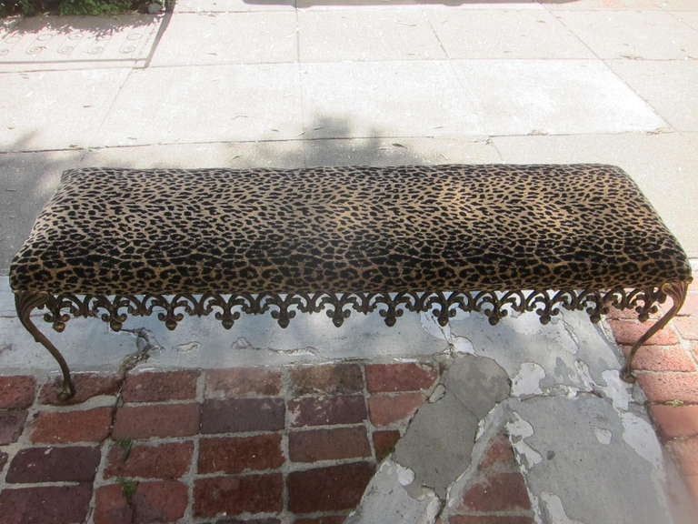 Hollywood Regency Elaborate Antiqued Frame Leopard Print Bench In Excellent Condition In San Francisco, CA