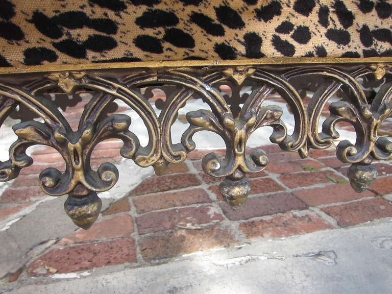 Mid-20th Century Hollywood Regency Elaborate Antiqued Frame Leopard Print Bench
