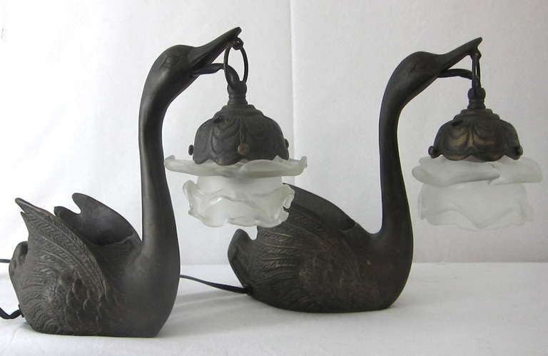 20th Century Art Nouvea Pair of  Cast Iron Swans Plant Holder Satin Flower Lamp Shades Table Lamps