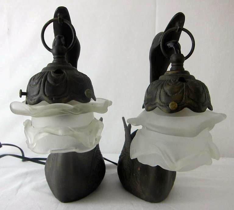 Art Nouvea Pair of  Cast Iron Swans Plant Holder Satin Flower Lamp Shades Table Lamps 1