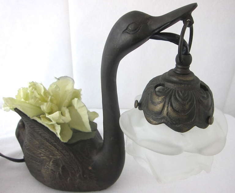 Unknown Art Nouvea Pair of  Cast Iron Swans Plant Holder Satin Flower Lamp Shades Table Lamps
