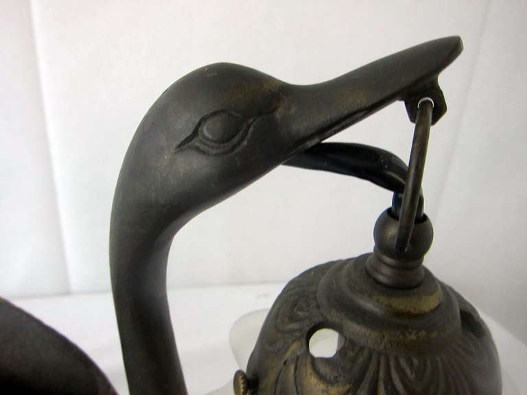 Art Nouvea Pair of  Cast Iron Swans Plant Holder Satin Flower Lamp Shades Table Lamps In Excellent Condition In San Francisco, CA