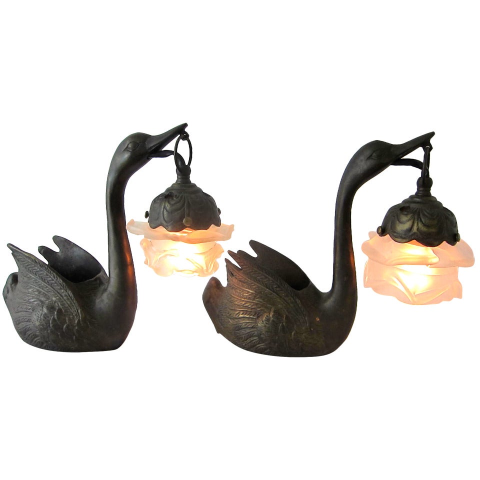 Art Nouvea Pair of  Cast Iron Swans Plant Holder Satin Flower Lamp Shades Table Lamps