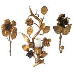 Vintage Hollywood Regency Petite  Italian Gilt Flowers Galor Candle Wall  Sconce w Two Floral Towel Hooks