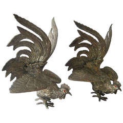 Fierce Beaty!  Brass Fighting Cocks Blazing Red Eyes Bookends Or Display
