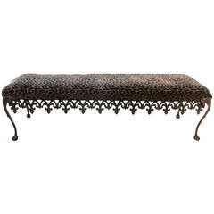 Hollywood Regency Elaborate Antiqued Frame Leopard Print Bench