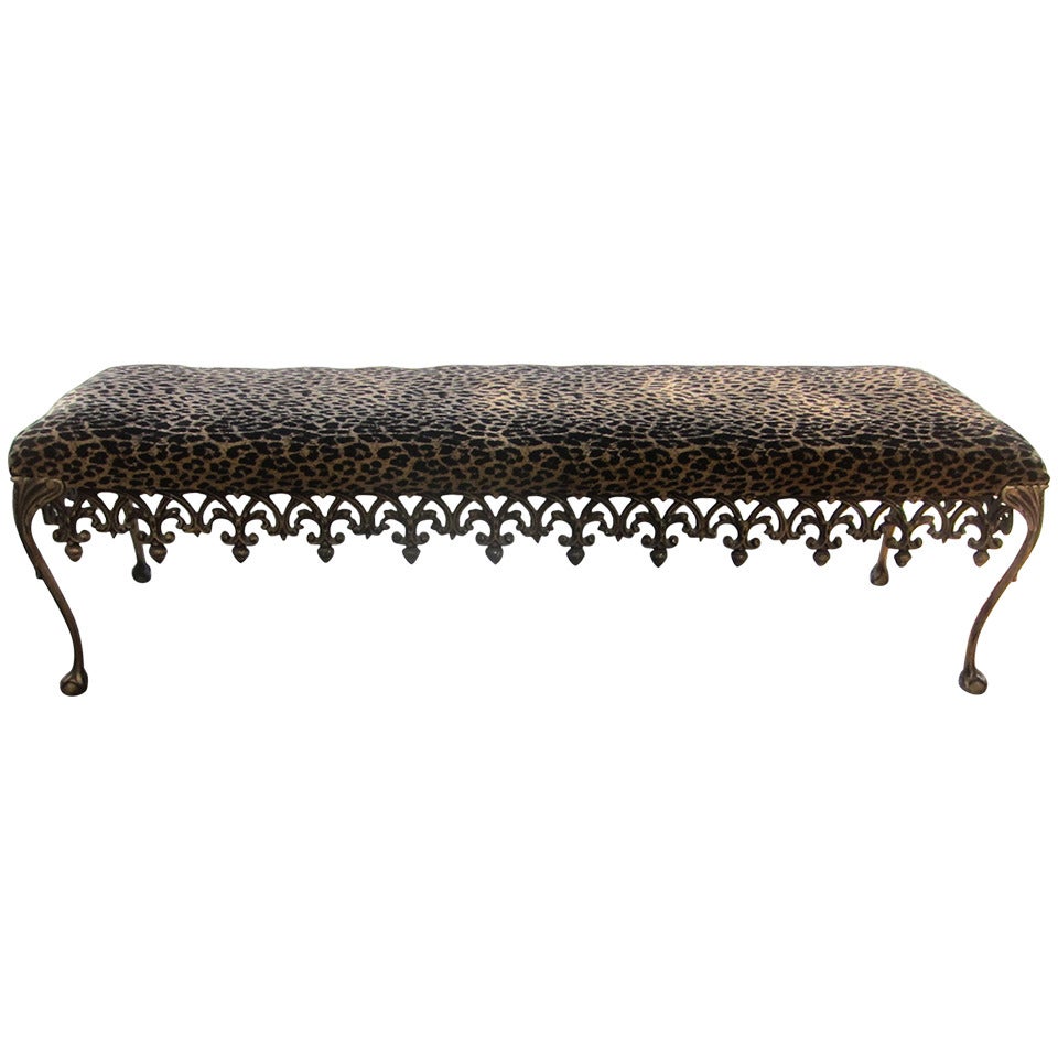 Hollywood Regency Elaborate Antiqued Frame Leopard Print Bench