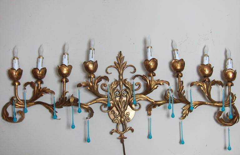 Hollywood Regency Italian  Gld Metal Tole  Aqua Crystals Wall Chandelier Sconce