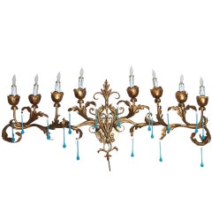Hollywood Regency Italian  Gld Metal Tole  Aqua Crystals Wall Chandelier Sconce