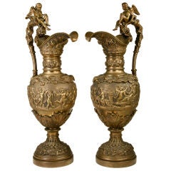Pair of Spectacular Brass Bacchanalian Ewers