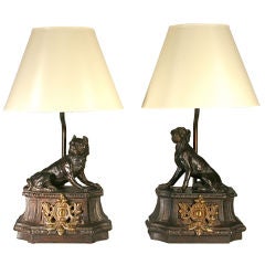Antique Pair of 19thc. Cast-Iron Dog Lamps