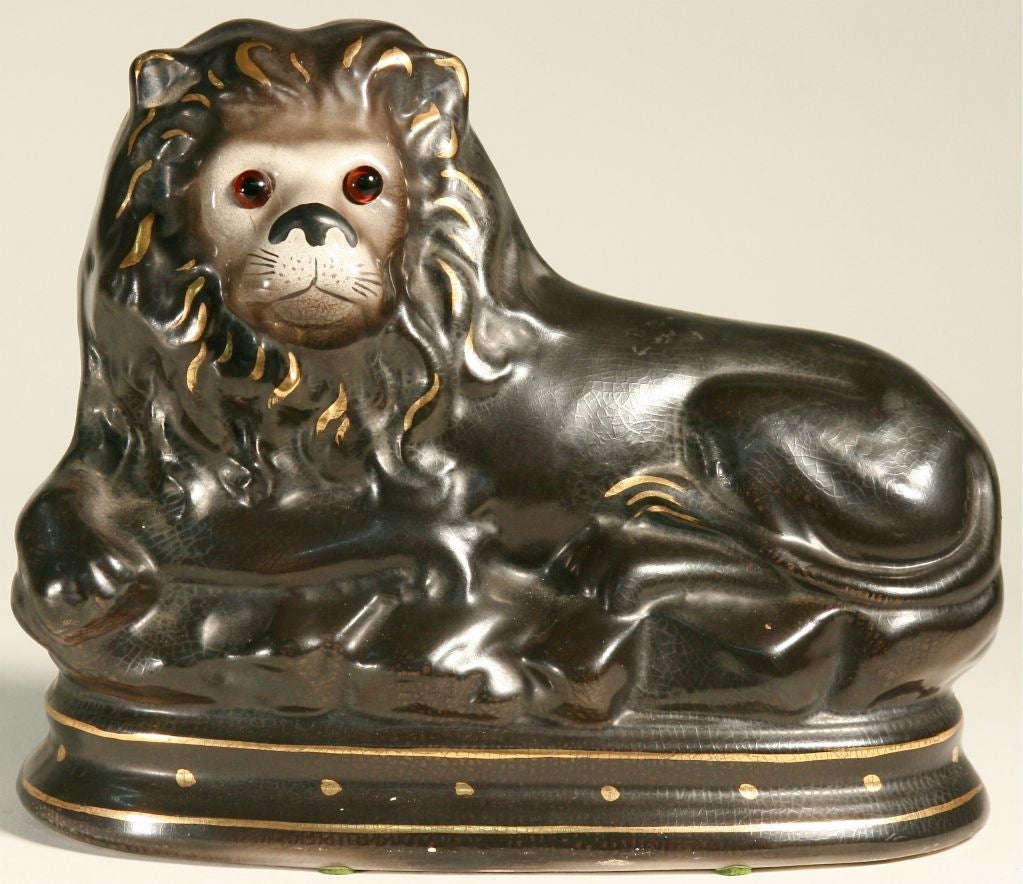 19th Century Pair of Antique Staffordshire Recumbent Lions