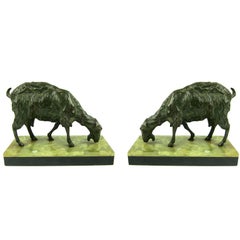 PAIR OF BRONZE GOATS GREEN MARBLE BASE BASE-SIGNED