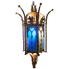 Mid Century Cathedral & Crown Motif  Blue Green Glass Swag Lamp