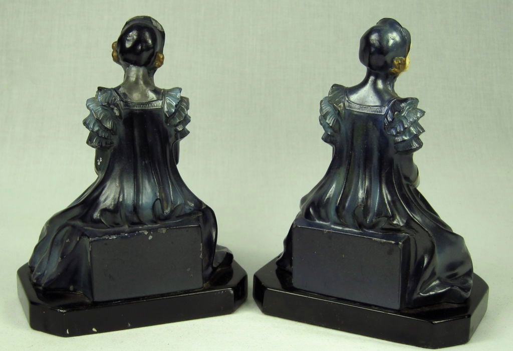 Mid-20th Century 1930s J. B. Hirsch Bookends Ladies In Blue, Ivorine & Spelter