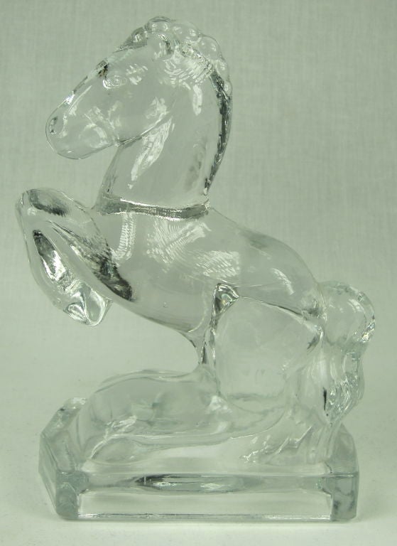 Vintage 1940s Pair Of Heavy Glass Rearing Horse Bookends 1