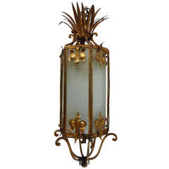 Hollywood Regency Italian Gilt Tole Frosted Inserts Hanging Chandelier  Lamp
