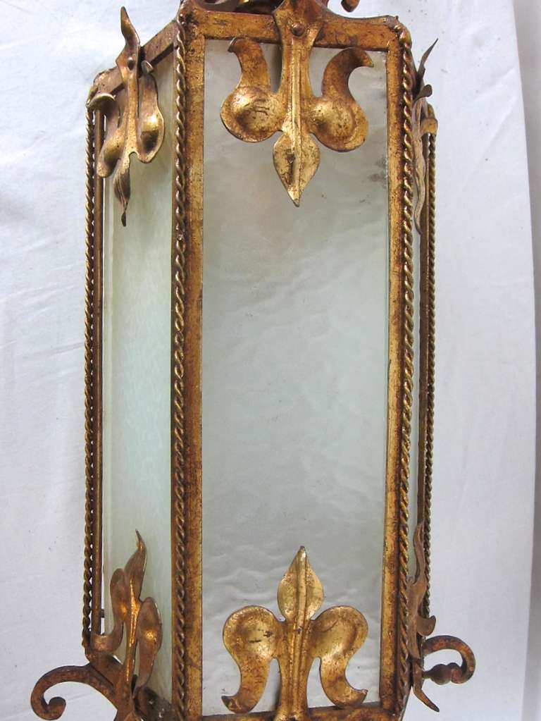 Hollywood Regency Italian Gilt Tole Frosted Inserts Hanging Chandelier  Lamp In Excellent Condition In San Francisco, CA