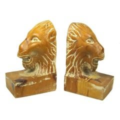 Pair Of Italian Rough Carved Wooden Lion's Head Bookends