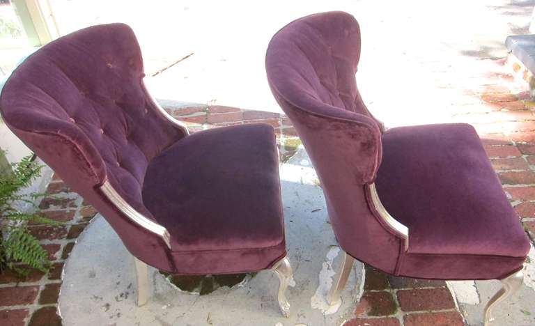 Mid-20th Century Hollywood Regency Tufted  Purple Velvet Silver Frame Chairs -Pair