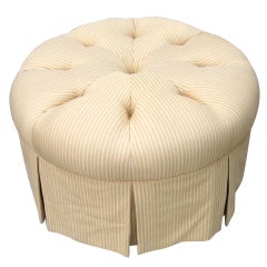 Vintage Re-Upholstered Tufted Yellow & White Pin Stripes Ottoman on Wheels