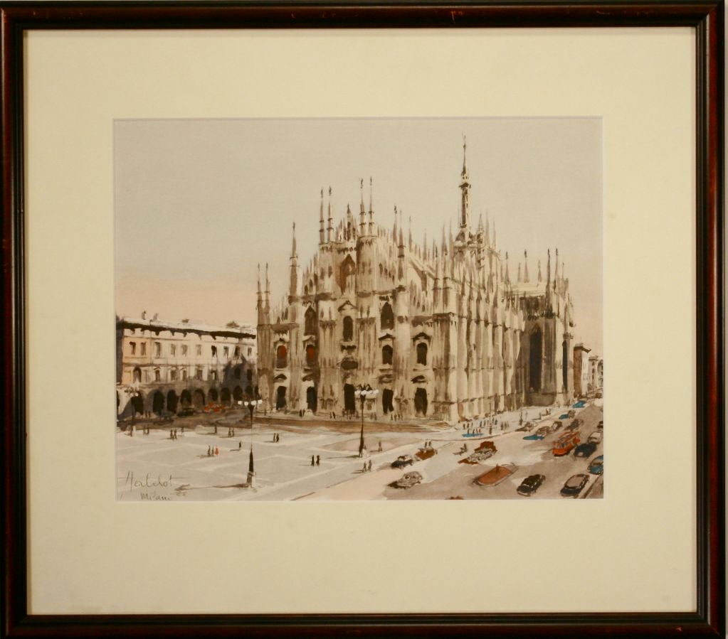 Franz Herbelot was best known for his watercolors of Parisian street scenes in the 1940s & 50s, but this rather more rare painting of the Duomo Cathedral in Milan was created during a trip to Italy (and for those of you who want to know, this