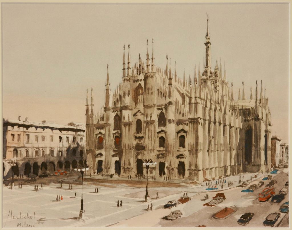 Italian Franz Herbelot Watercolor, Cathedral Duomo, Milano