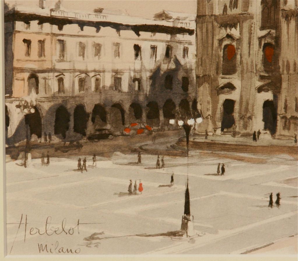 Mid-20th Century Franz Herbelot Watercolor, Cathedral Duomo, Milano