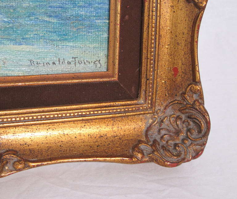 20th Century Nude Woman Child Blue Wading Tide Beach Water Oil Painting Gilt Frame
