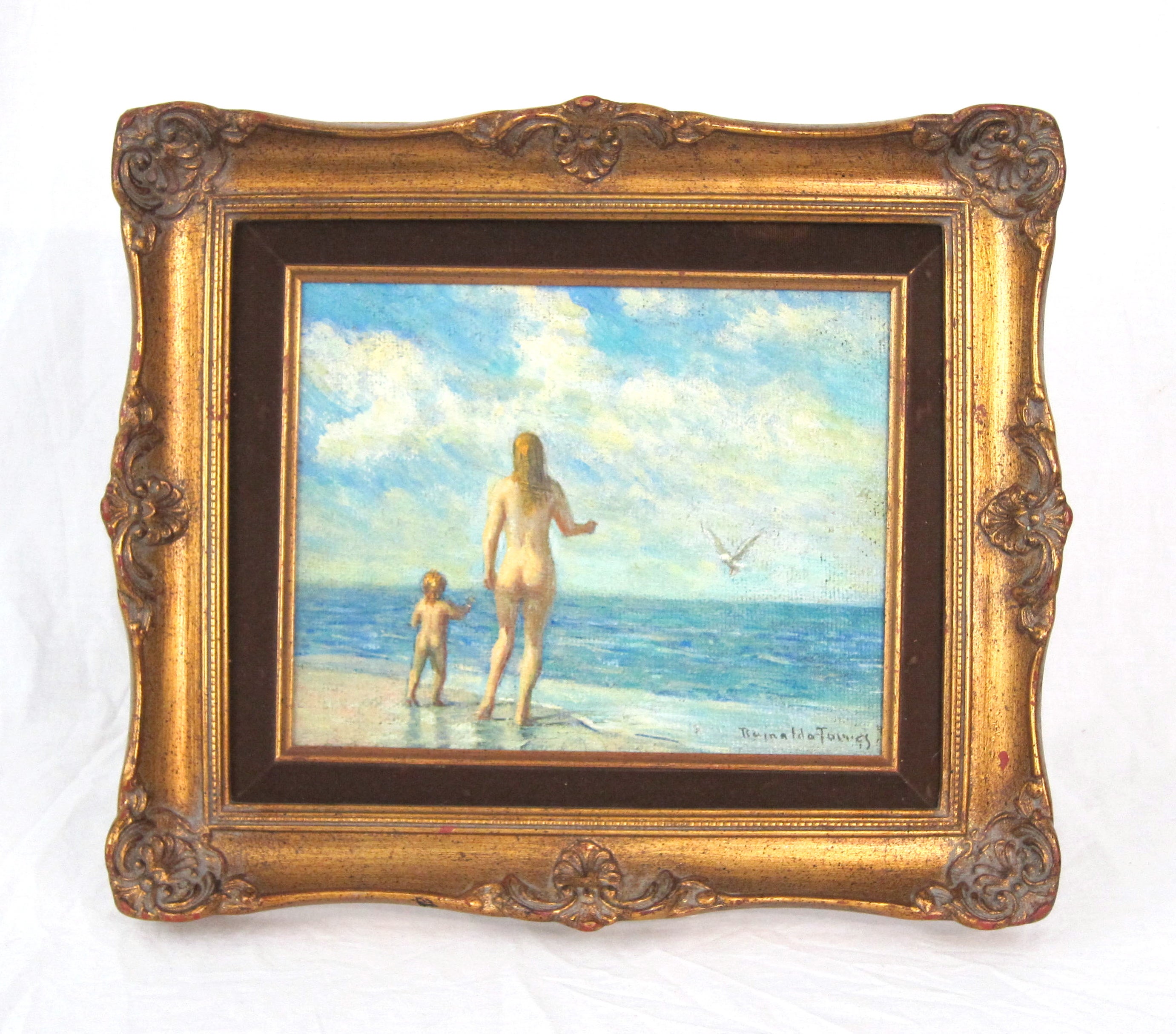 Nude Woman Child Blue Wading Tide Beach Water Oil Painting Gilt Frame