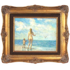Nude Woman Child Blue Wading Tide Beach Water Oil Painting Gilt Frame