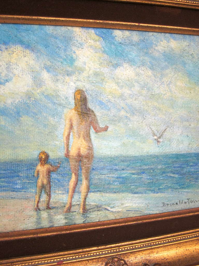 Unknown Nude Woman Child Blue Wading Tide Beach Water Oil Painting Gilt Frame