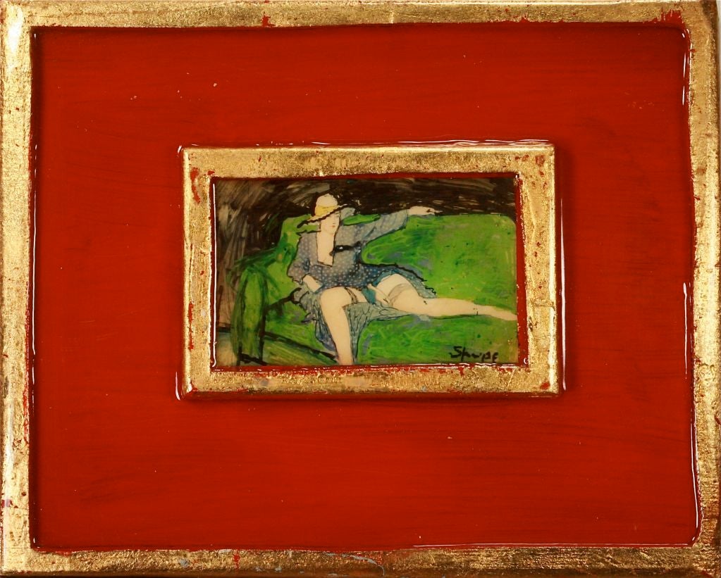 Shown is a less-than-modest woman lounging invitingly on a green sofa. Mixed-media on board, with the artwork and gold leaf-and-red frame all covered with a clear coat. Please Note: Not all items are actually in this location at any given time. If