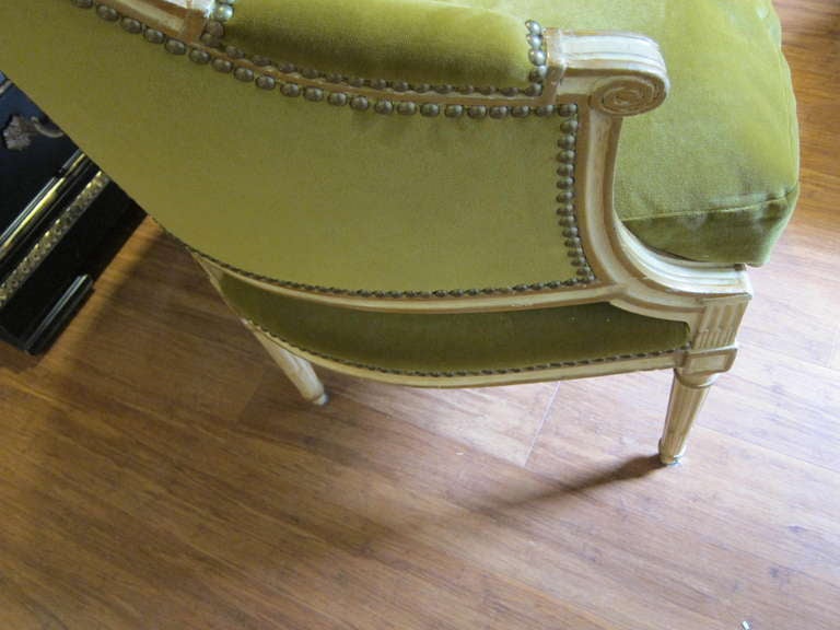 Michael Taylor French Bergere-Pair of Green Velvet Chairs In Good Condition In San Francisco, CA