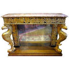 19th Century Gold Griffins Aged Mirrored Marble Fireplace Mantel