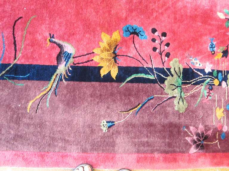 Art Deco 1930s Nichols Chinese Rug, Magenta Plum, Flora and Birds In Good Condition In San Francisco, CA