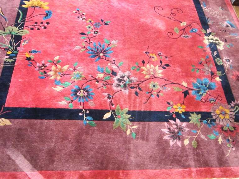 Art Deco 1930s Nichols Chinese Rug, Magenta Plum, Flora and Birds 1