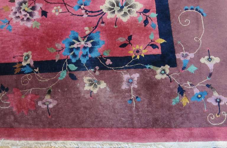 Art Deco 1930s Nichols Chinese Rug, Magenta Plum, Flora and Birds 2