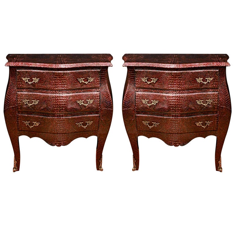 Pair of Faux Crocodile Leather-Covered Bombe Chests