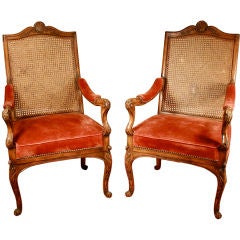 Pair of Carved & Caned Louis XV-style Armchairs