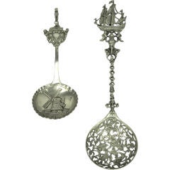 Antique Set Of 2 Silver Decorative Dutch Spoons